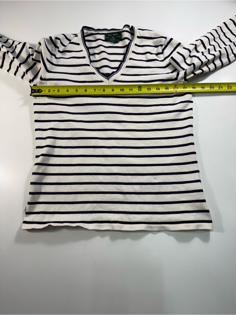 Lauren Ralph Lauren White Sweater with Navy Stripes V-Neck - Picture 4 of 9